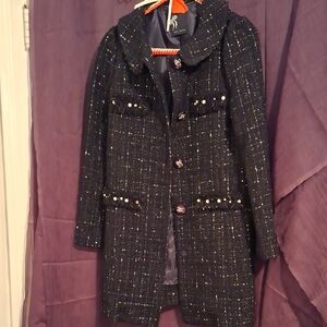 Womens Tweed Pearl-Trim Trench Coat - Navy
